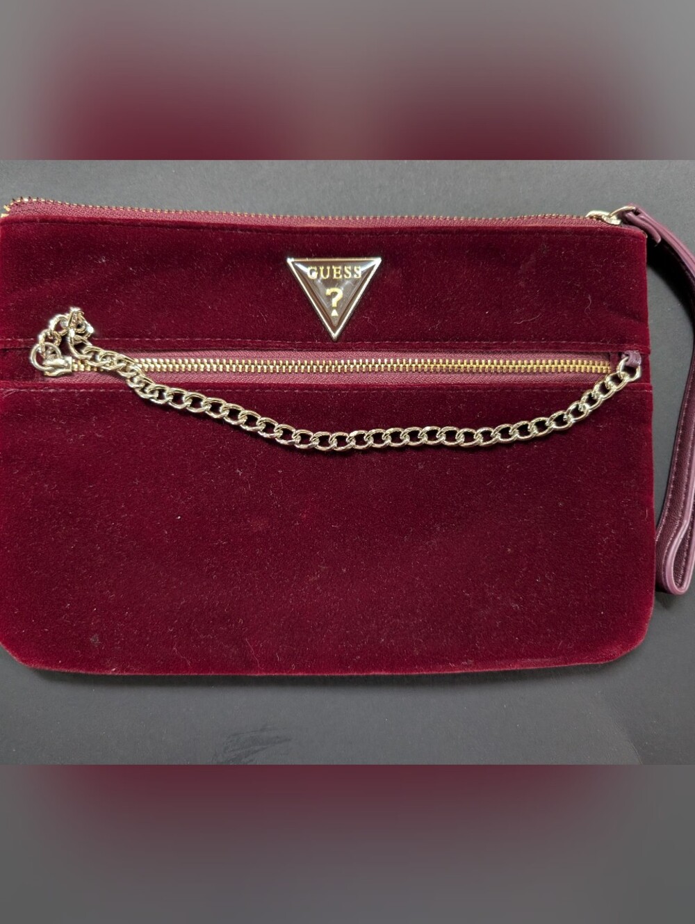 GUESS Glimmer Wine Velvet Chain Clutch with Gold Hardware